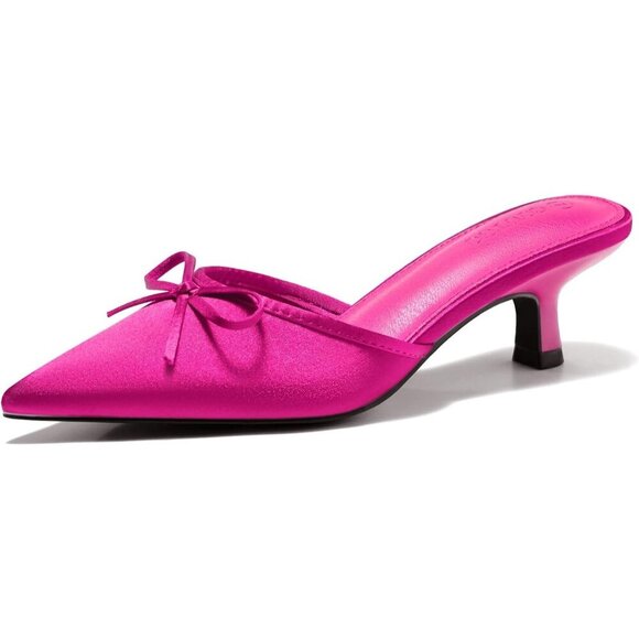 Shoes - Women's Pink Kitten Heels Mules with Bow Satin Slip on Pumps Pointed Toe